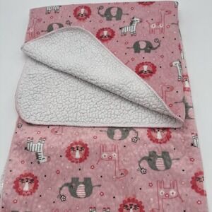 Kidgets Plush Sherpa Baby Blanket Pink Zoo Elephant Zebra Lion Giraffe 38" X 40"